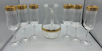 Cellini Handblown Crystal 24K Gold Trim Champagne Flute Set With Pitcher - 13 Pieces Total - Made In Italy