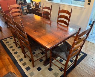 Solid Wood Dining Table With 6 Wooden Wicker Chairs - Leaf Pads Included