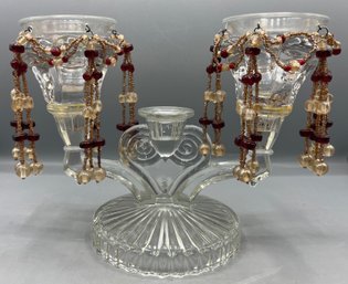 Vintage Glass 3-arm Candlestick Holder With Beads Included