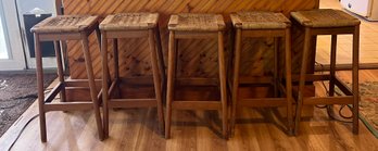 Wooden Rattan Wicker Bar Stools - 5 Total - Made In Yugoslavia