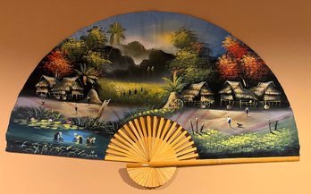 Hand Painted Wooden/paper Fan Wall Decor - Made In Thailand