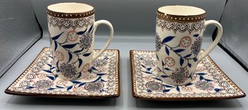 VEDA Deauville Pattern Ceramic Coffee Mug & Saucer Set - 2 Sets Total