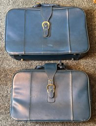 Vintage Blue Leather Suitcases - 2 Total - Made In Korea