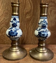 Brass Porcelain Candlestick Holder Set -  2 Total