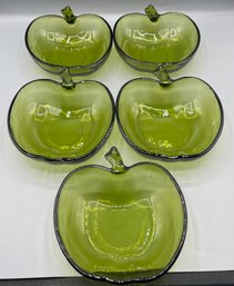 Green Glass Apple Shaped Bowls - 5 Total