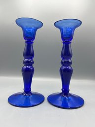 Cobalt Blue Glass Candlestick Holders - 2 Total
