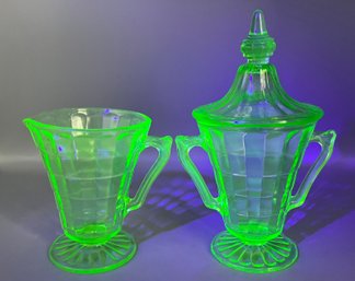 Anchor Hocking Block Optic Green Uranium Depression Glass Sugar Bowl And Creamer Set - 2 Pieces Total