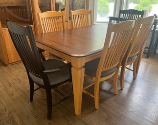 Solid Wood Dining Table With 6 Wooden Cushioned Chairs & 1 Leaf Included