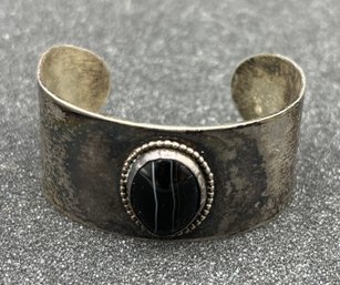 Vintage Sterling Black Obsidian Stone Bangle - 1.01 OZT