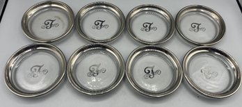 Vintage Silver Plated Glass Coaster Set - F Stamped Scrolled Monogram - 8 Total