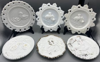 Vintage Assorted Milk Glass Easter Greeting Chick Pattern Plates - 6 Total