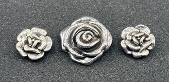 925 Silver Rose Pattern Earring And Brooch/Pendant Set - .51 OZT Total - 3 Pieces