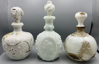 Antique Victorian Milk Glass Embossed Barber Shop Bottles - 3 Total