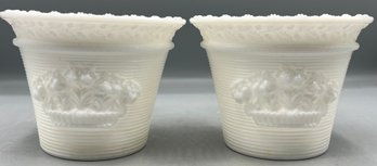 MMA Milk Glass Floral Pattern Planters With Drain Hole - 2 Total
