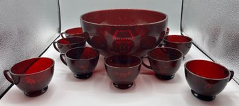 Anchor Hocking Royal Ruby Red Punch Bowl Set - 9 Pieces Total