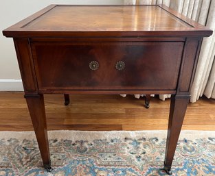 Vintage Leather-top Solid Wood End Table With Drawer
