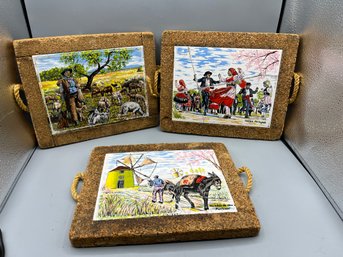 Hand Painted Tile/Cork Trivets - 3 Total - Made In Portugal