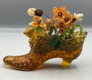 Amber Glass Hobnail Shoe Figurine