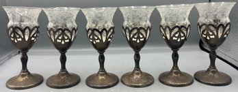 Sterling Silver Etched Glass Cordial Set - 6 Total - 11.38 OZT Total