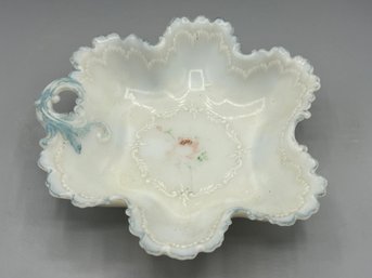 Hand Painted Milk Glass Scalloped Candy Bowl With Handle