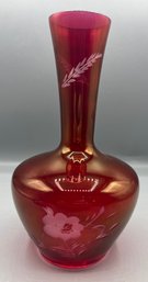 Cranberry Etched Glass Bud Vase