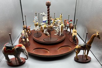Wooden Carousel With 12 Porcelain Carousel Horse Figurines