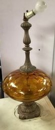 Vintage Mid-Century Style Large Amber Colored Lamps With Brass Base