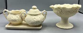 Vintage Bisque Porcelain Sugar Bowl & Creamer Set With Tray - 4 Pieces Total