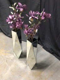 Glass Vases With Faux Purple Flowers, Set Of 2