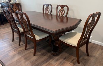 Raymour & Flanigan Solid Wood Double Pedestal Dining Table With 8 Chairs & 2 Leafs - Table Pads Included