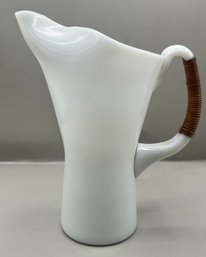 MCM Milk Glass Pitcher With Rattan Wrapped Handle