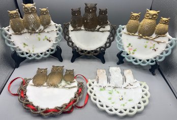 Antique Hand Painted Milk Glass Owl Pattern Plate Set - 5 Total