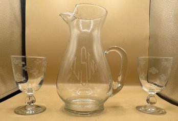 Engraved Zeus Crystal Pitcher With 2 Rummer Engraved Bristol Glasses 3 Piece Lot