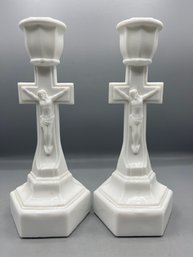 Cambridge Glass Co. Crucifix Milk Glass Candlestick Holders - 2 Total