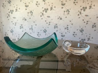 1996 Stephen Schlanser Jade Brush Stroke Art Glass Centerpiece Bowl & Steuben Glass Olive Bowl- 2 Piece Lot