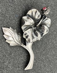 Floy Mercer Sterling Silver Flower Shaped Pin With Gemstone - .63 OZT Total - Made In Honolulu