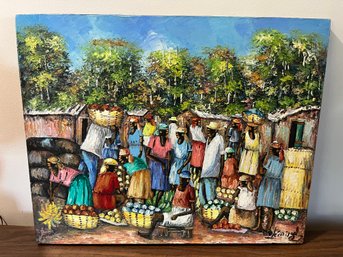 Original Haitian Made Oil On Canvas - Artist Signed - Fruit Market