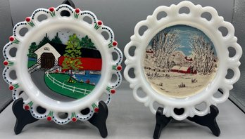 Anchor Hocking Milk Glass Hand Painted Plates - 2 Total
