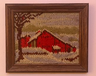 Handcrafted Needlepoint Art Framed - Winter Red Barn