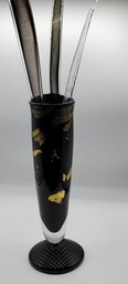 Black & Gold Leaf Vintage Glass Vase With Blown Glass Inserts