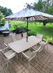 Agio Cast Aluminum Table With 8 Chairs And Umbrella