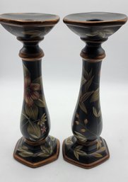 Pair Of Hand Painted Wooden Candlestick Holders
