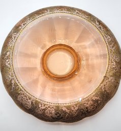 Pink Glass Rolled Edge Fruit Bowl With Gold Design Trim