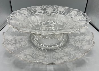 Cambridge Clear Glass Wildflower Pattern Bowl & Platter Set - 2 Pieces Total