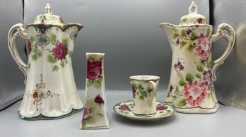 Antique Hand Painted Moriage Rose Chocolate Pot,Saucer,Tea Cup And Bud Vase 7 Piece