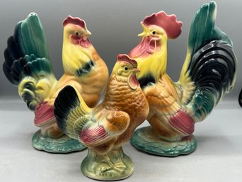 Decorative Hand Painted Ceramic Rooster/Hen Figurines - 3 Total