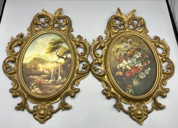 Vintage Hand Painted Fabric Framed Wall Plaques - 2 Total - Made In Italy