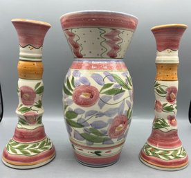 Liz Vigoda Hand Painted Ceramic Candlestick Holder And Vase Set - 3 Pieces Total