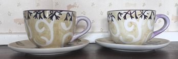 Tracy Porter Hand Painted Blueberry Over Sized Mugs & Saucers- Pair