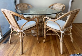 Rattan Glass-top Dining Table With 4 Rattan Chairs - Cushions Included